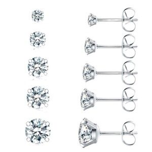 Set of 5 Pairs of Hypoallergenic Stainless Steel CZ Stud Earrings 3-8mm - NIB